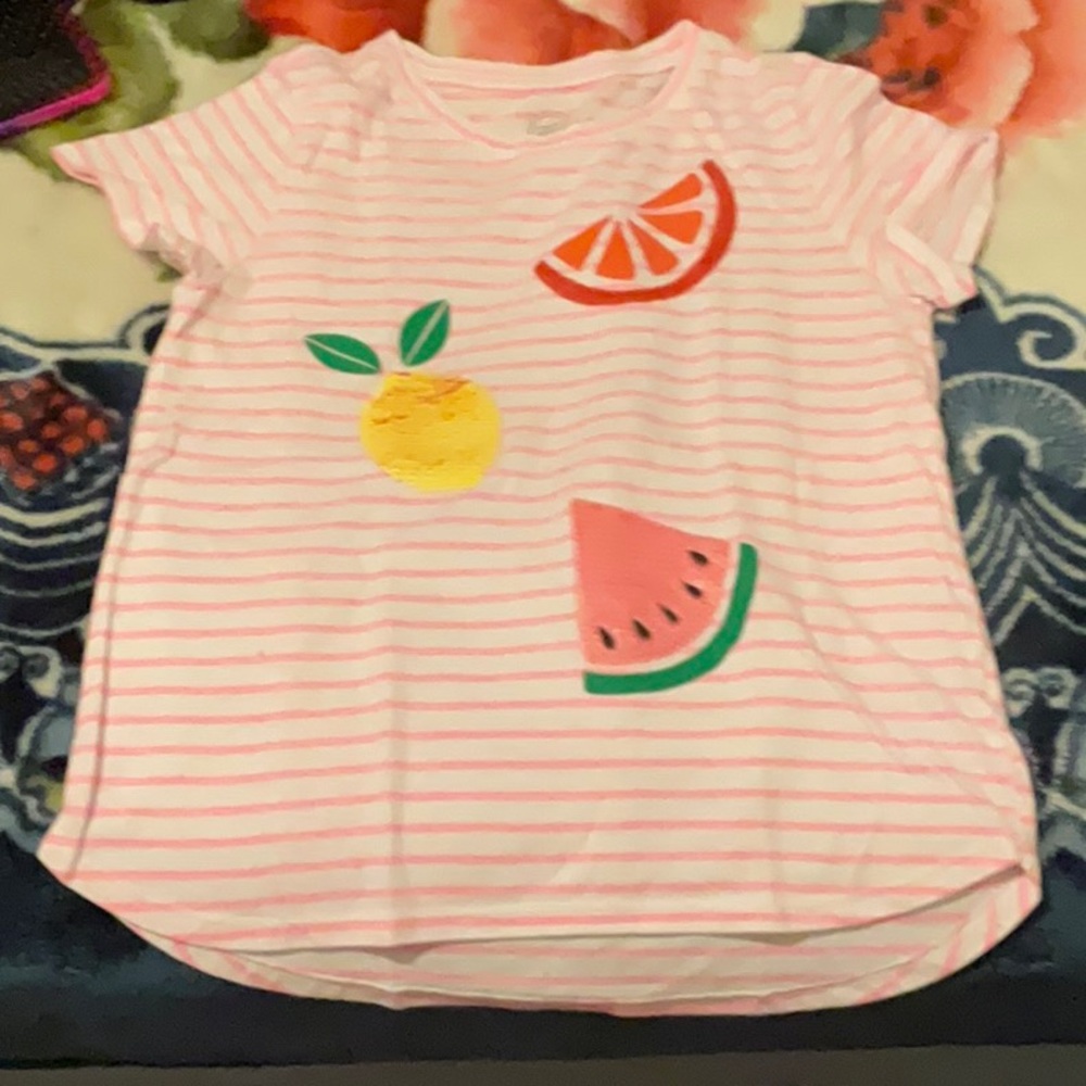 Pink and white stripes shirt with fruit Sequence